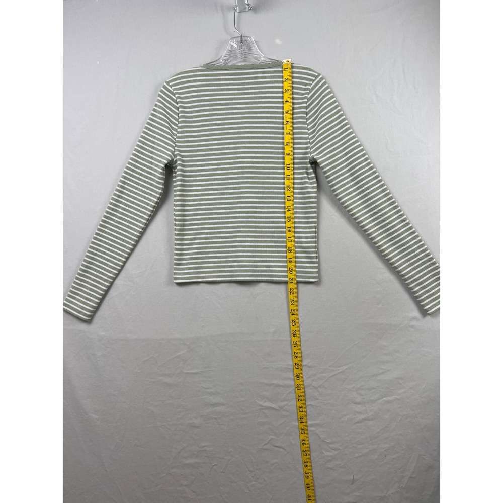 LOFT Cardigan Womens Medium Green White Striped Ribbed Knit Button Front Top - Picture 5 of 8